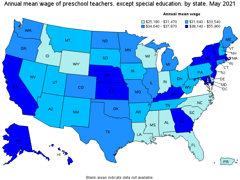 Map of annual mean wages of preschool teachers, except special education by state, May 2021