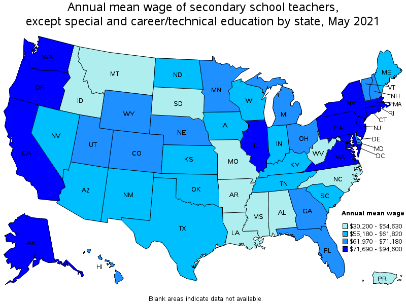 Map of annual mean wages of secondary school teachers, except special and career/technical education by state, May 2021