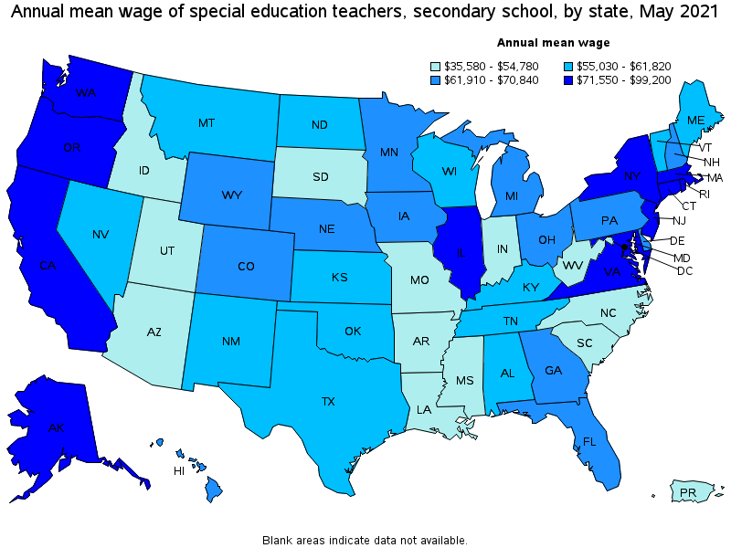 Map of annual mean wages of special education teachers, secondary school by state, May 2021