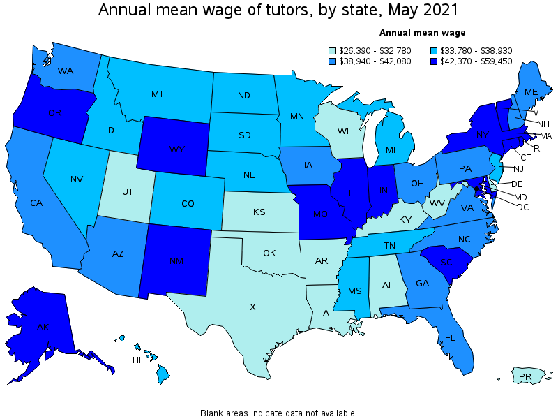 Map of annual mean wages of tutors by state, May 2021