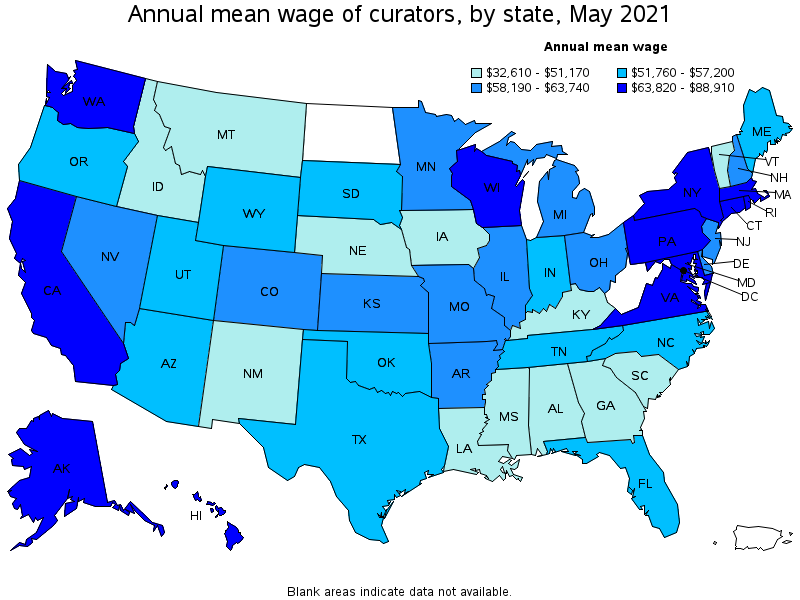 Map of annual mean wages of curators by state, May 2021
