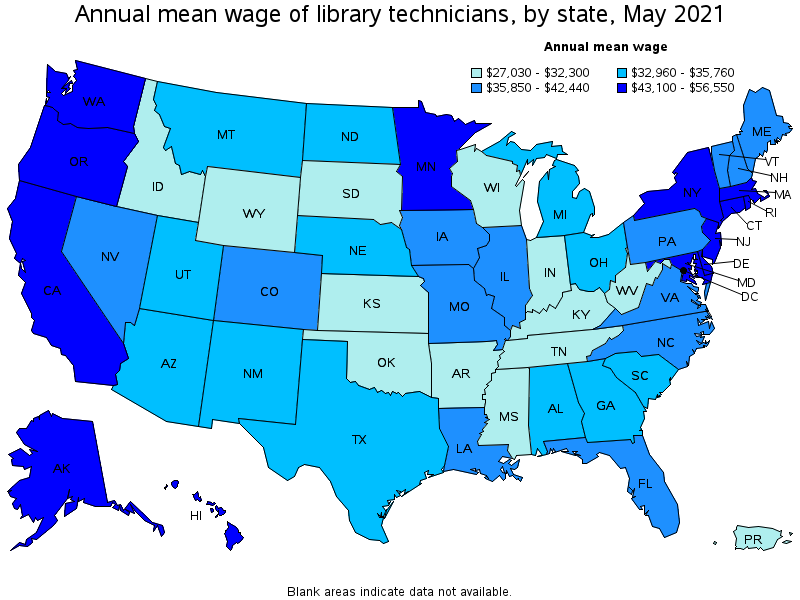 Map of annual mean wages of library technicians by state, May 2021