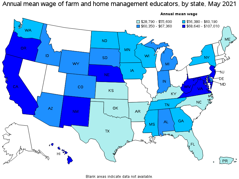 Map of annual mean wages of farm and home management educators by state, May 2021