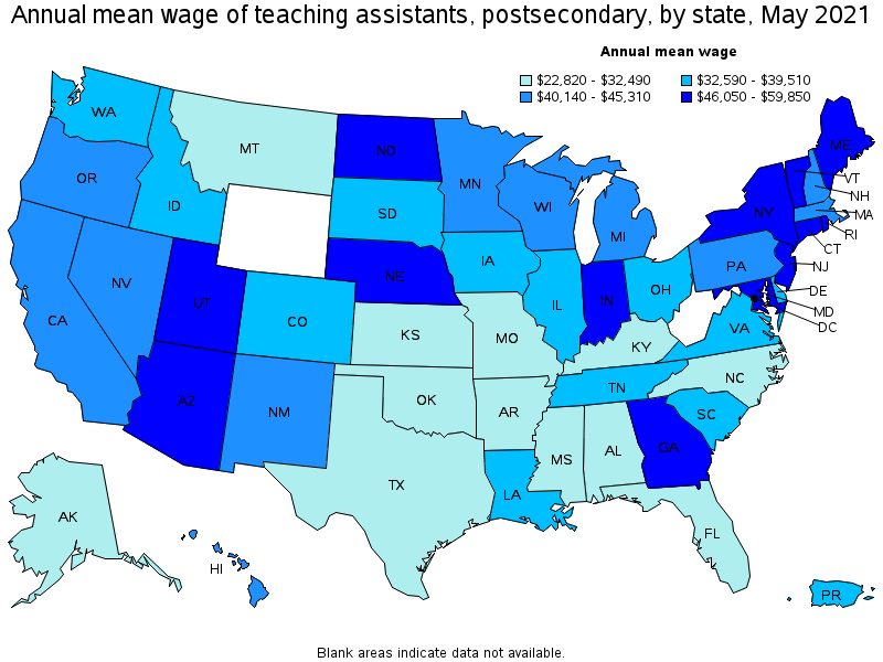 Map of annual mean wages of teaching assistants, postsecondary by state, May 2021