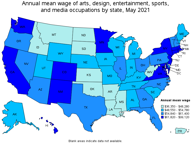 Map of annual mean wages of arts, design, entertainment, sports, and media occupations by state, May 2021