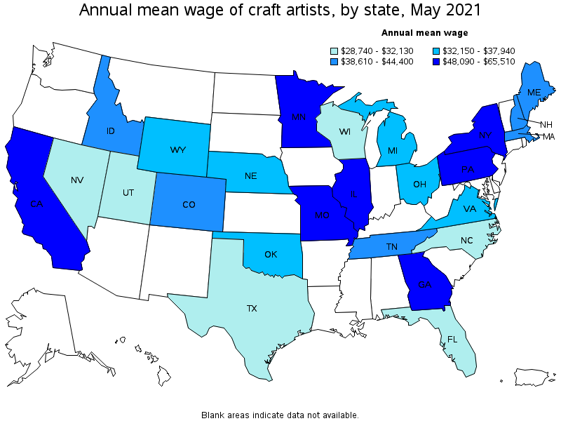 Map of annual mean wages of craft artists by state, May 2021