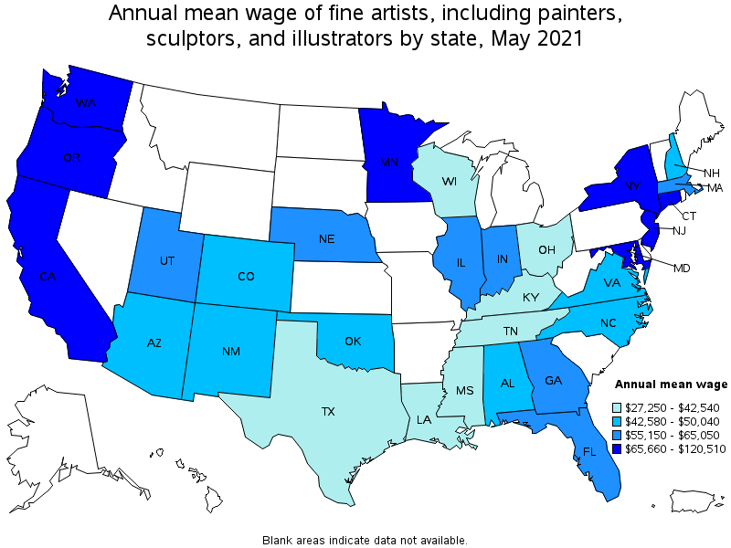 Map of annual mean wages of fine artists, including painters, sculptors, and illustrators by state, May 2021