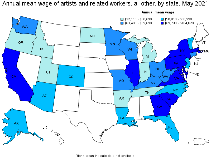 Map of annual mean wages of artists and related workers, all other by state, May 2021