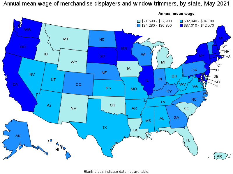 Map of annual mean wages of merchandise displayers and window trimmers by state, May 2021