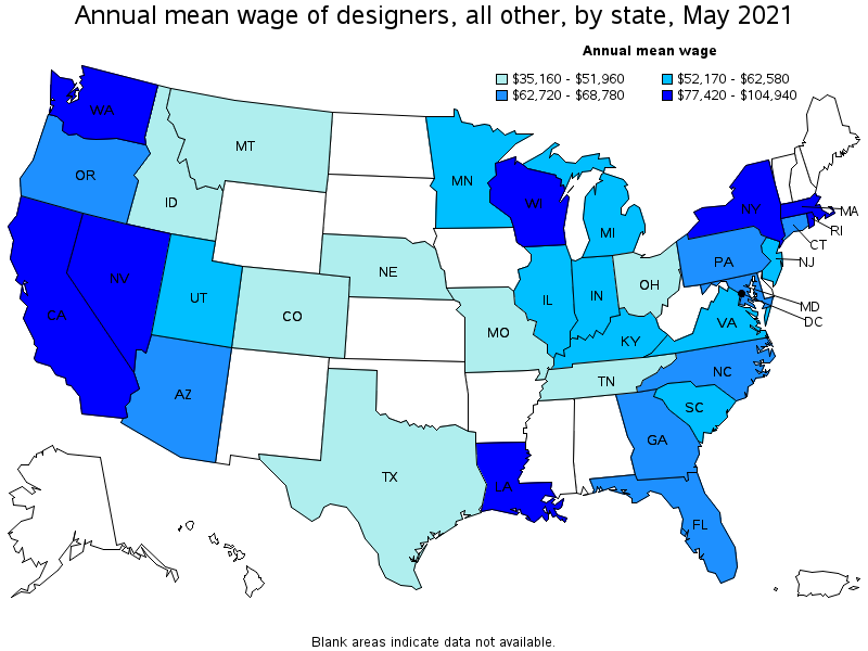 Map of annual mean wages of designers, all other by state, May 2021