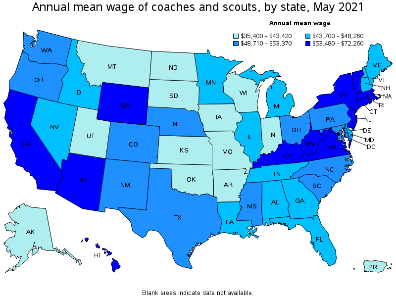 Map of annual mean wages of coaches and scouts by state, May 2021