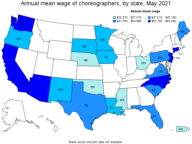 Map of annual mean wages of choreographers by state, May 2021