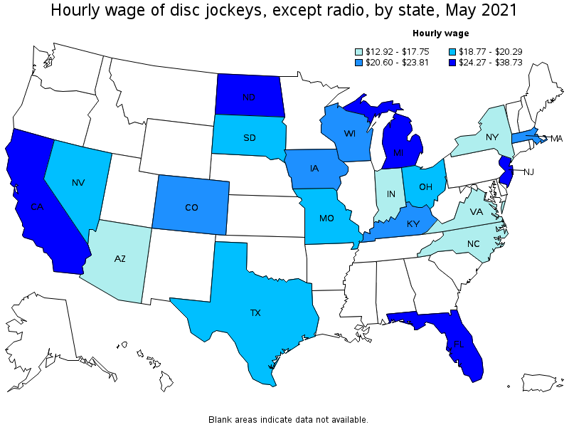 Map of annual mean wages of disc jockeys, except radio by state, May 2021