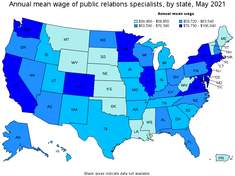 Map of annual mean wages of public relations specialists by state, May 2021