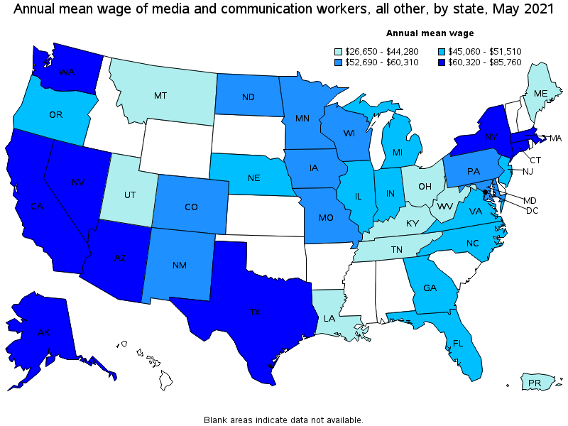 Map of annual mean wages of media and communication workers, all other by state, May 2021