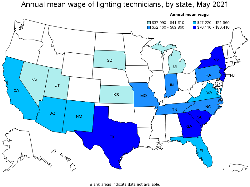 Map of annual mean wages of lighting technicians by state, May 2021