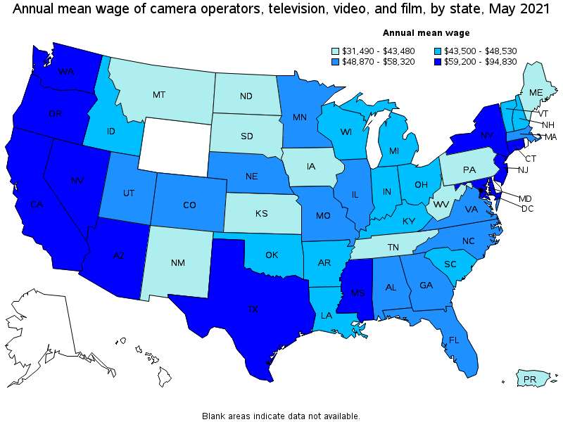 Map of annual mean wages of camera operators, television, video, and film by state, May 2021