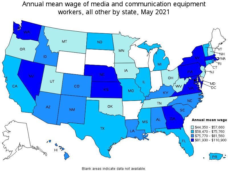 Map of annual mean wages of media and communication equipment workers, all other by state, May 2021