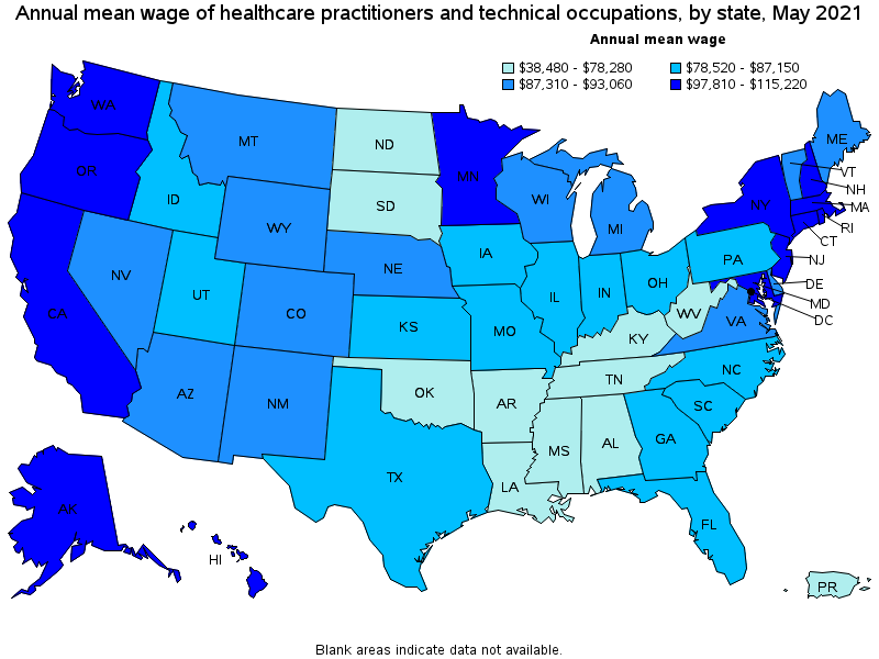 Map of annual mean wages of healthcare practitioners and technical occupations by state, May 2021