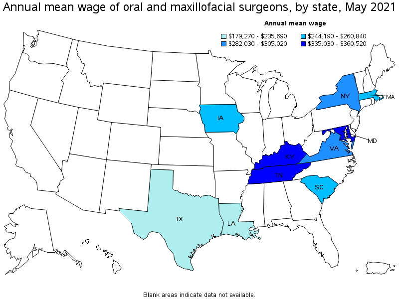 Map of annual mean wages of oral and maxillofacial surgeons by state, May 2021