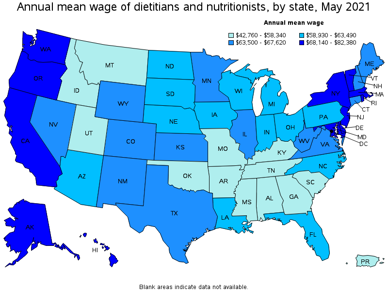 Map of annual mean wages of dietitians and nutritionists by state, May 2021