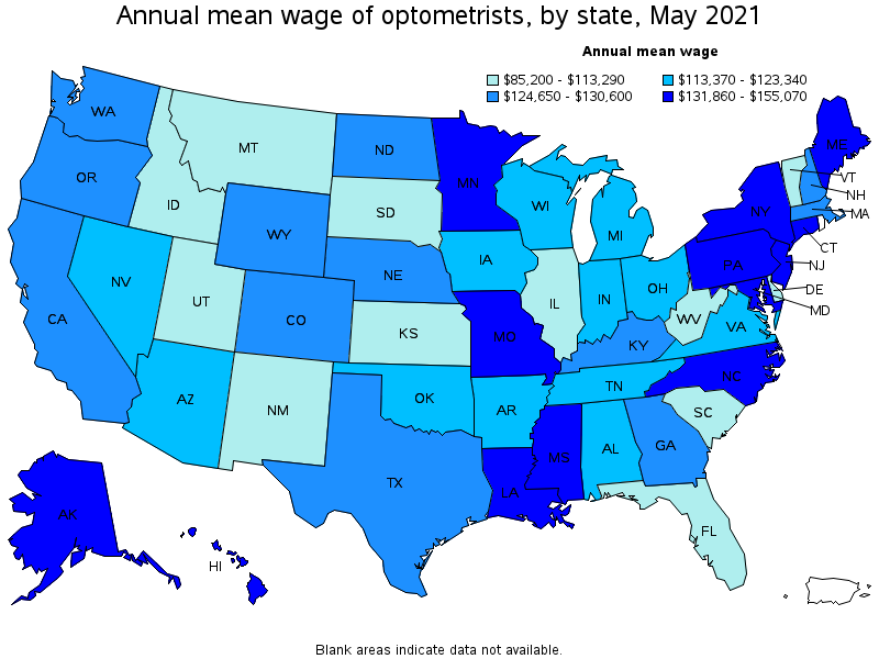 Map of annual mean wages of optometrists by state, May 2021