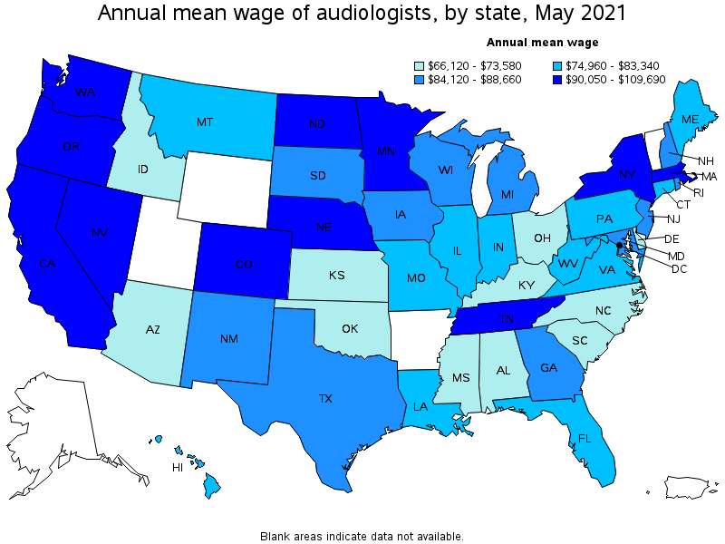 Map of annual mean wages of audiologists by state, May 2021