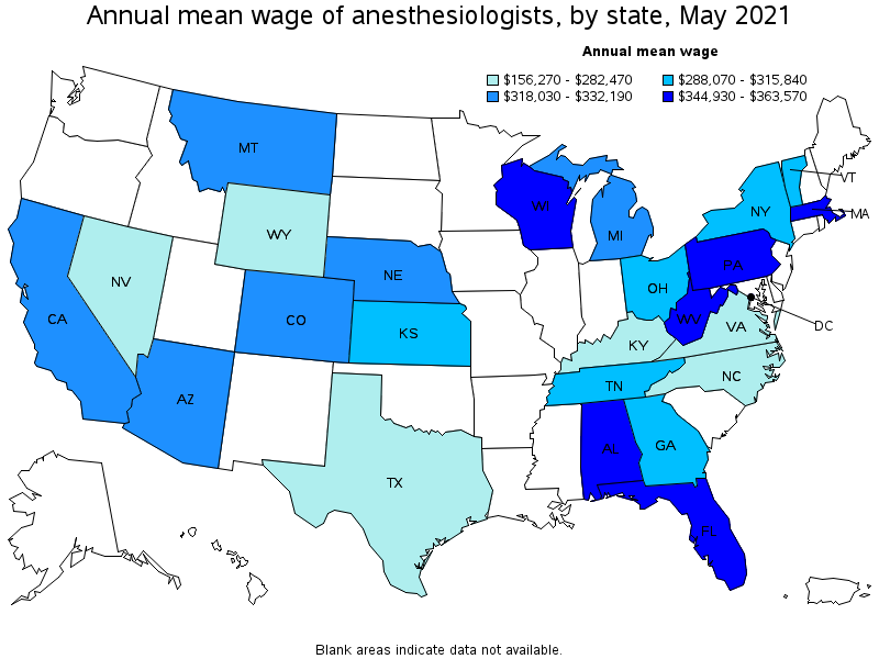 Map of annual mean wages of anesthesiologists by state, May 2021