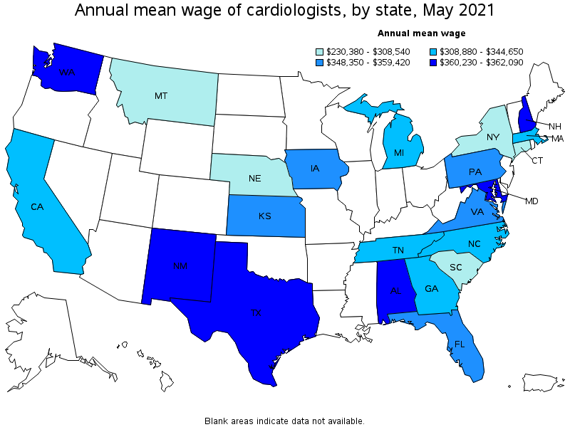 Map of annual mean wages of cardiologists by state, May 2021