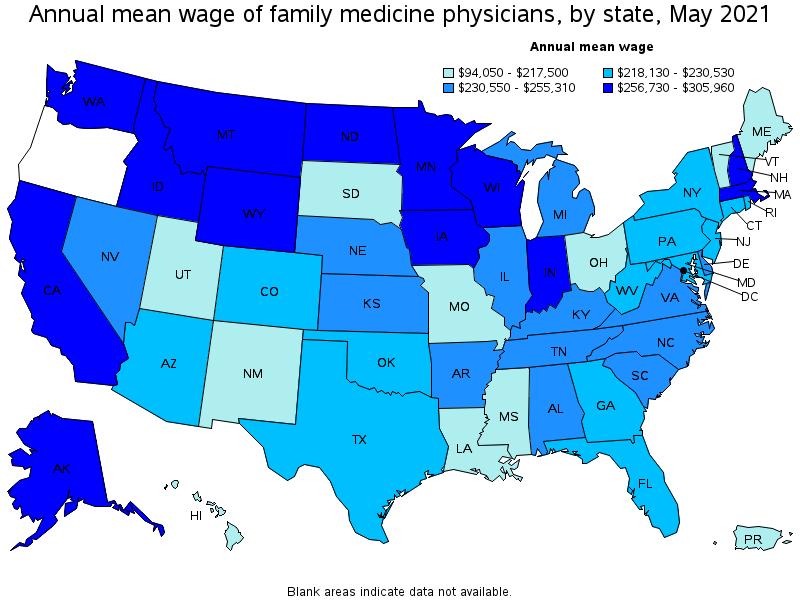 Map of annual mean wages of family medicine physicians by state, May 2021