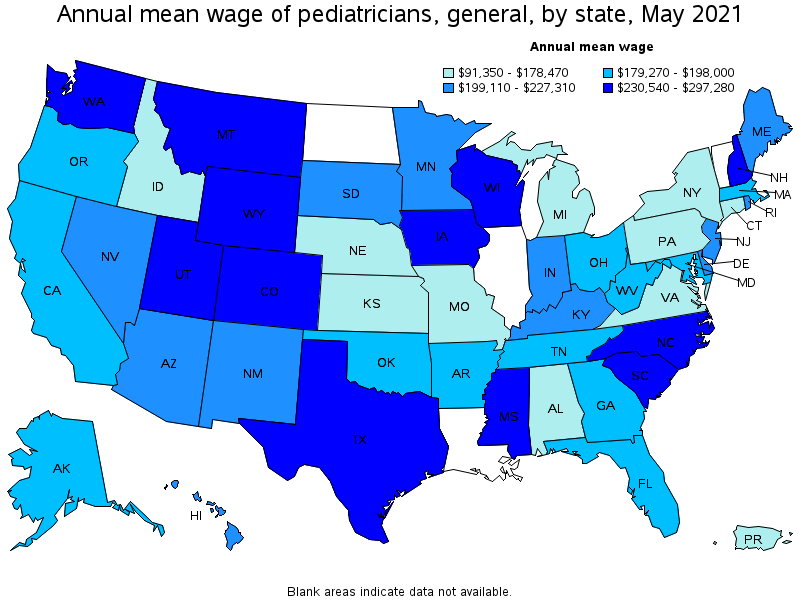 Map of annual mean wages of pediatricians, general by state, May 2021