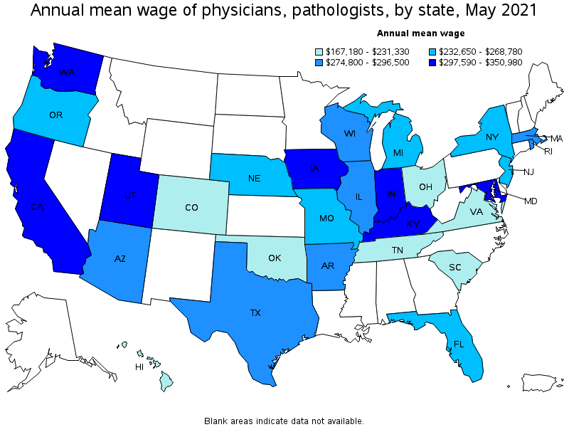 Map of annual mean wages of physicians, pathologists by state, May 2021