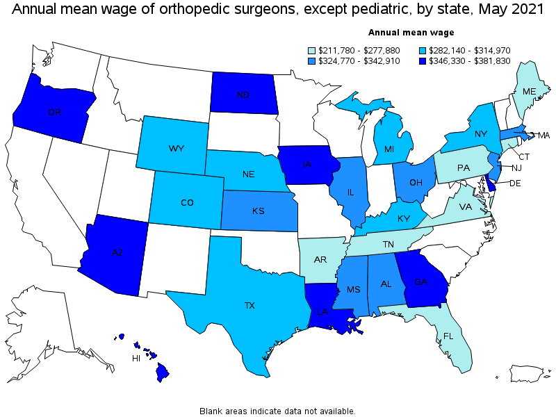 Map of annual mean wages of orthopedic surgeons, except pediatric by state, May 2021