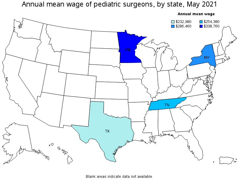 Map of annual mean wages of pediatric surgeons by state, May 2021