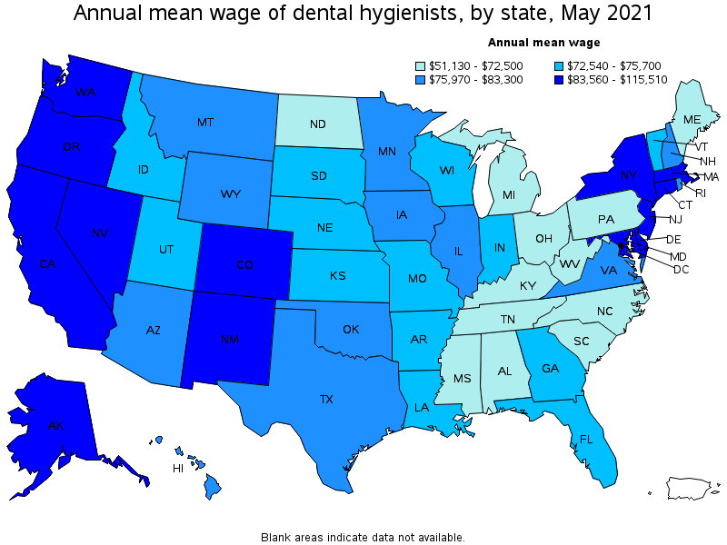 Map of annual mean wages of dental hygienists by state, May 2021