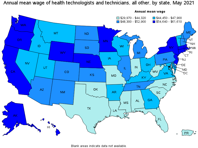 Map of annual mean wages of health technologists and technicians, all other by state, May 2021