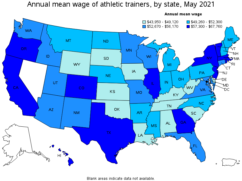 Map of annual mean wages of athletic trainers by state, May 2021