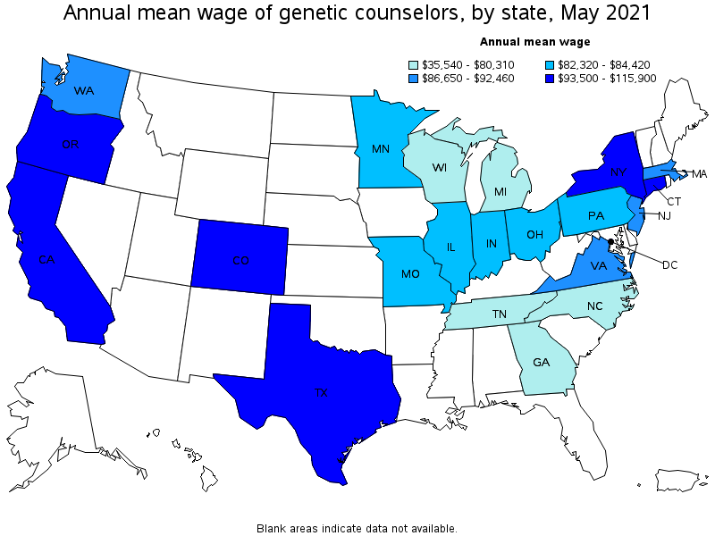 Map of annual mean wages of genetic counselors by state, May 2021