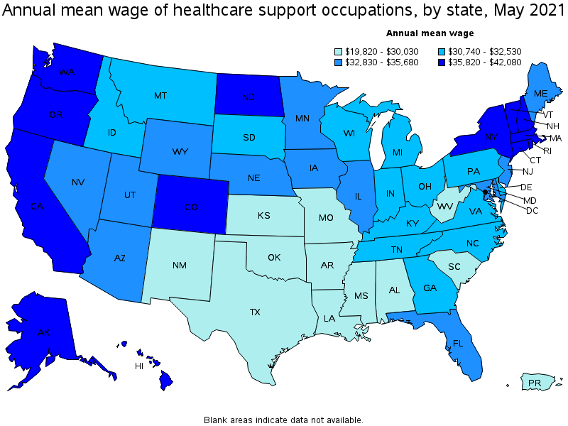 Map of annual mean wages of healthcare support occupations by state, May 2021