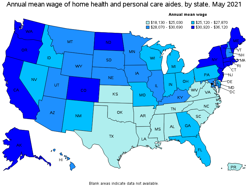 Map of annual mean wages of home health and personal care aides by state, May 2021