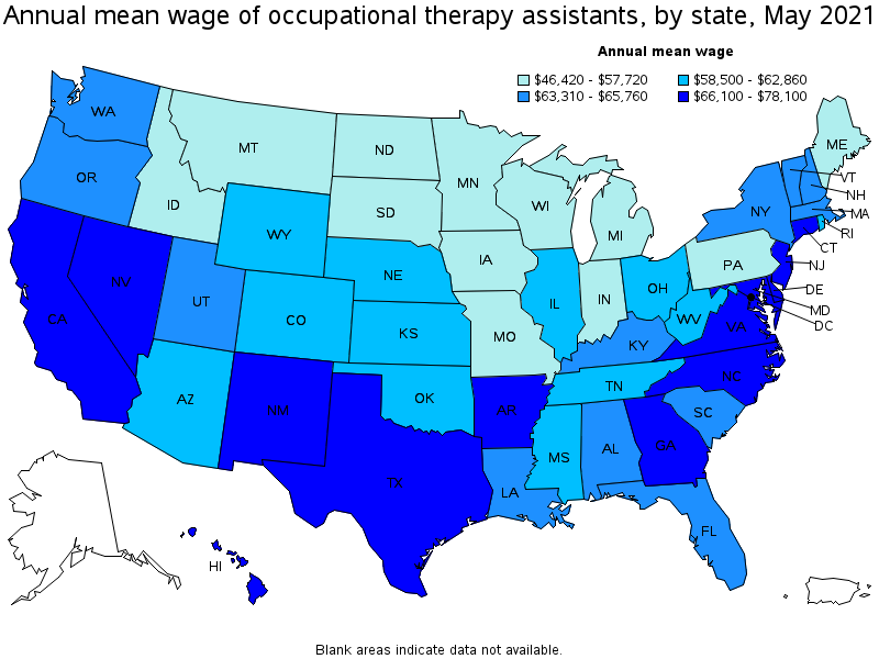 Map of annual mean wages of occupational therapy assistants by state, May 2021