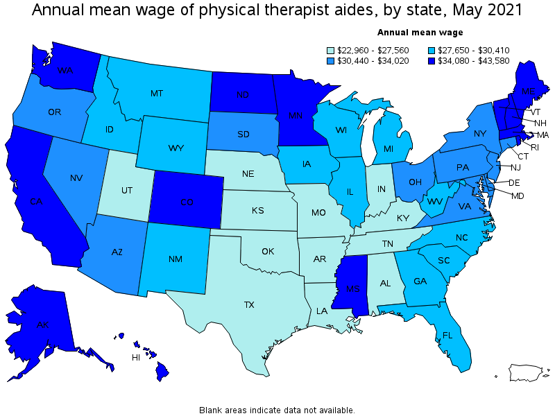 Map of annual mean wages of physical therapist aides by state, May 2021