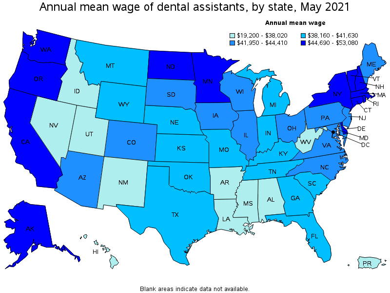 Map of annual mean wages of dental assistants by state, May 2021