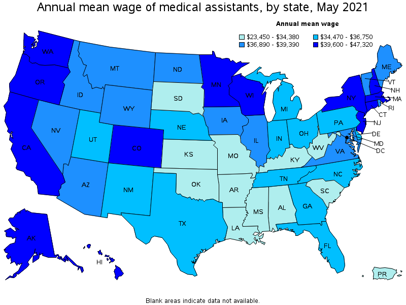 Map of annual mean wages of medical assistants by state, May 2021