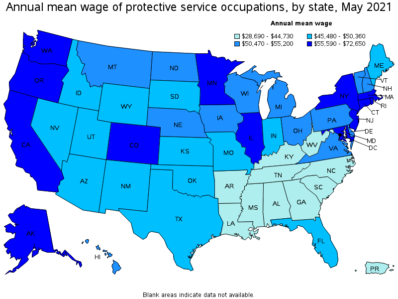 Map of annual mean wages of protective service occupations by state, May 2021