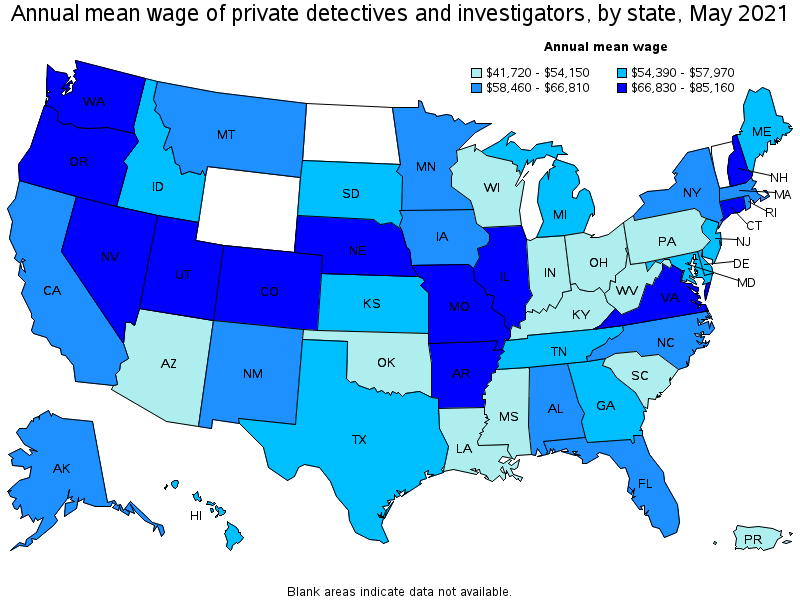 Map of annual mean wages of private detectives and investigators by state, May 2021