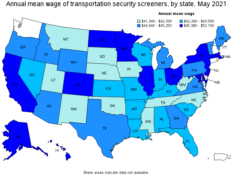 Map of annual mean wages of transportation security screeners by state, May 2021