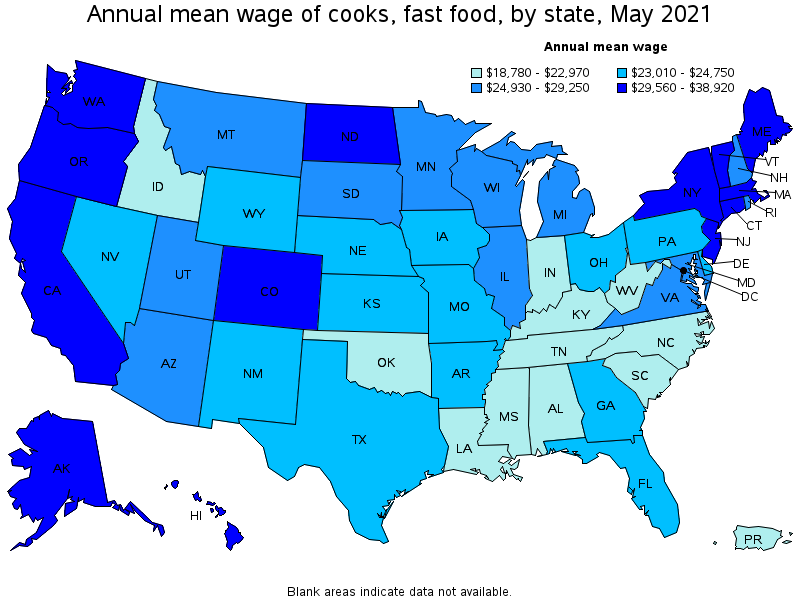 Map of annual mean wages of cooks, fast food by state, May 2021