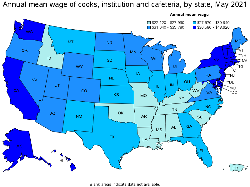 Map of annual mean wages of cooks, institution and cafeteria by state, May 2021