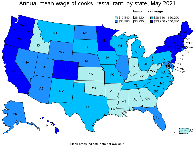 Map of annual mean wages of cooks, restaurant by state, May 2021
